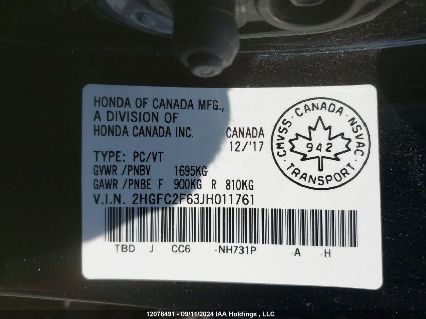 2018 Honda Civic Sedan VIN: 2HGFC2F63JH011761 Lot: 12078491