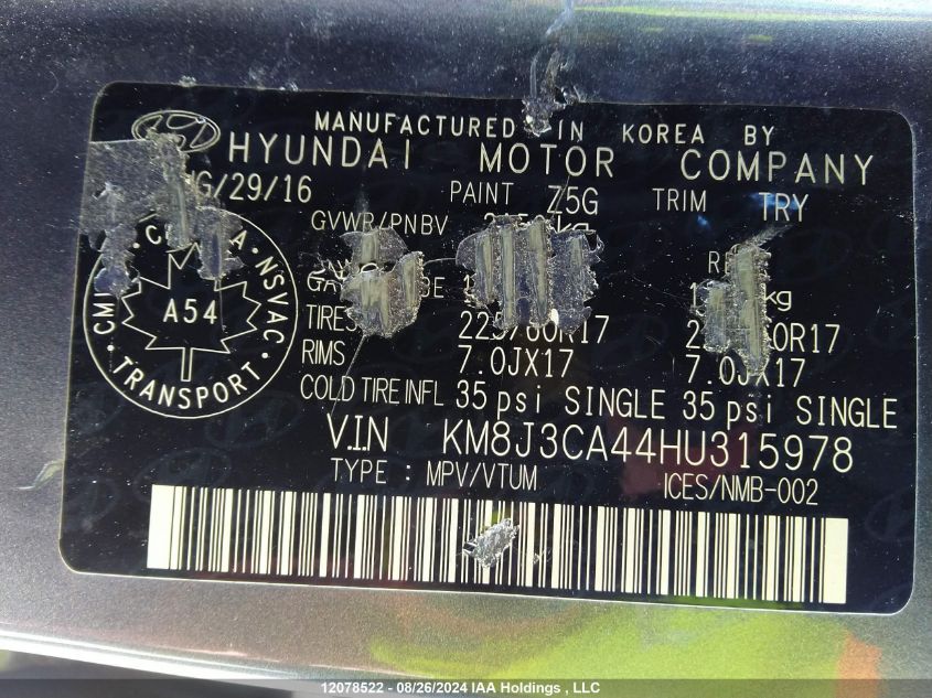 2017 Hyundai Tucson Limited/Sport And Eco/Se VIN: KM8J3CA44HU315978 Lot: 12078522