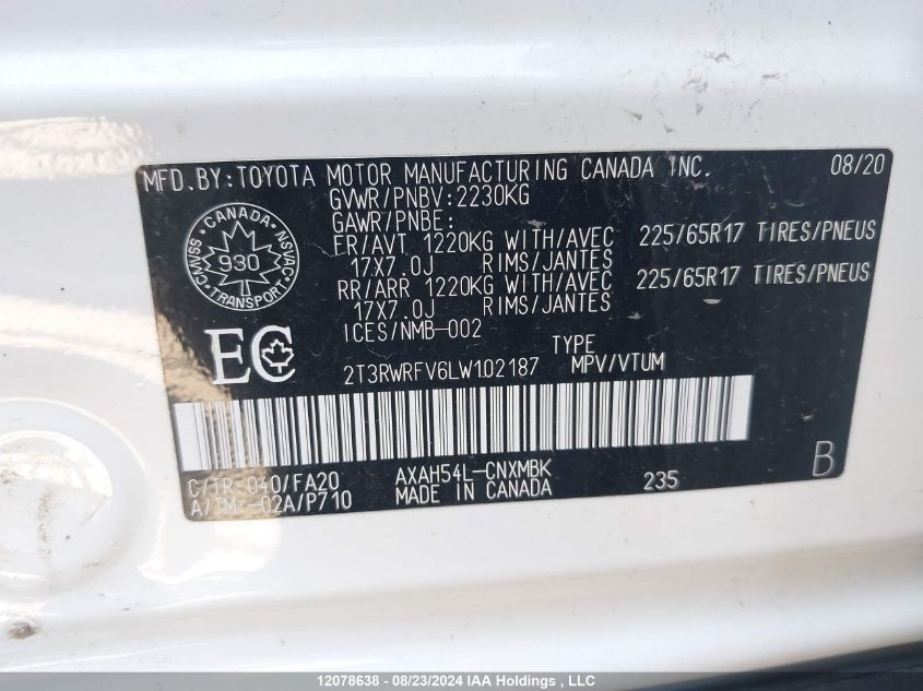 2020 Toyota Rav4 Xle/Xse VIN: 2T3RWRFV6LW102187 Lot: 12078638