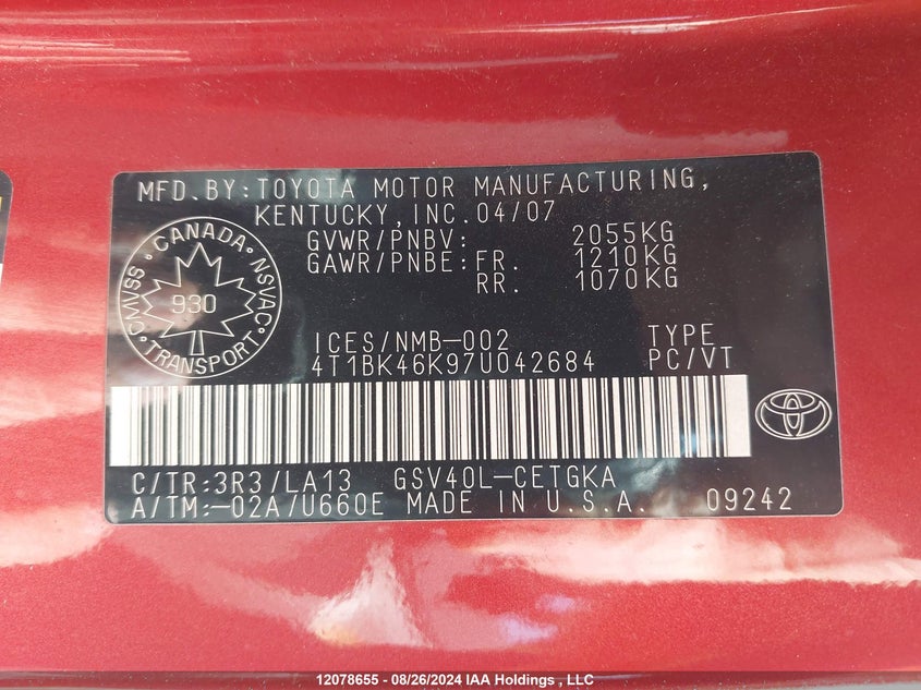 2007 Toyota Camry Le/Xle/Se VIN: 4T1BK46K97U042684 Lot: 12078655