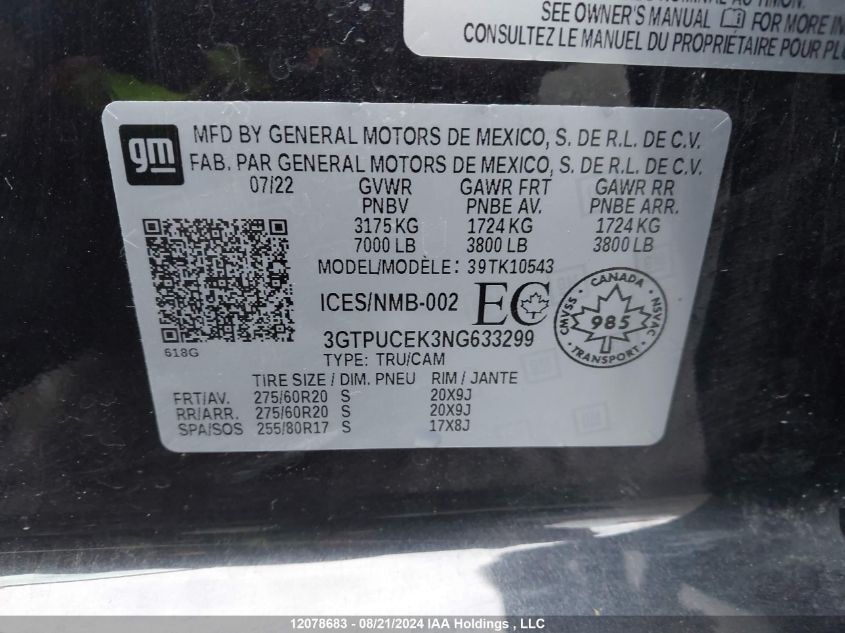 2022 GMC Sierra K1500 Elevation VIN: 3GTPUCEK3NG633299 Lot: 12078683