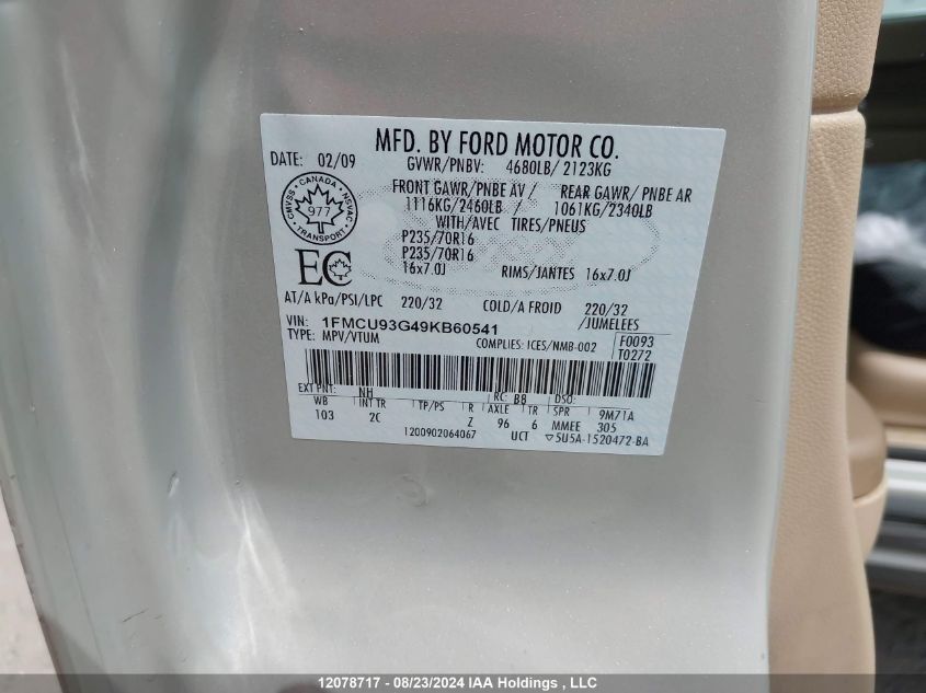 2009 Ford Escape VIN: 1FMCU93G49KB60541 Lot: 12078717