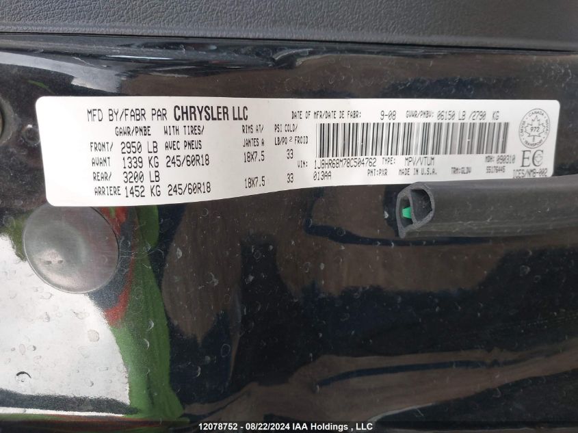 2008 Jeep Grand Cherokee Overland VIN: 1J8HR68M78C504762 Lot: 12078752