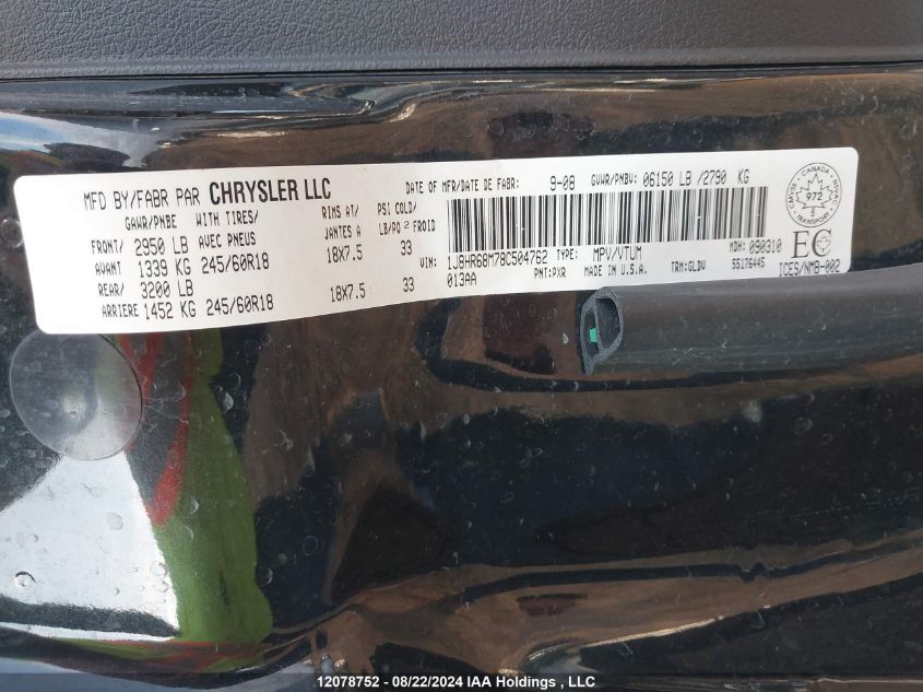 2008 Jeep Grand Cherokee Overland VIN: 1J8HR68M78C504762 Lot: 12078752