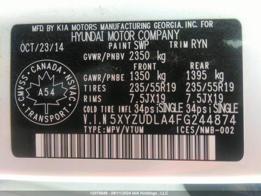 2015 Hyundai Santa Fe Sport VIN: 5XYZUDLA4FG244874 Lot: 12078849