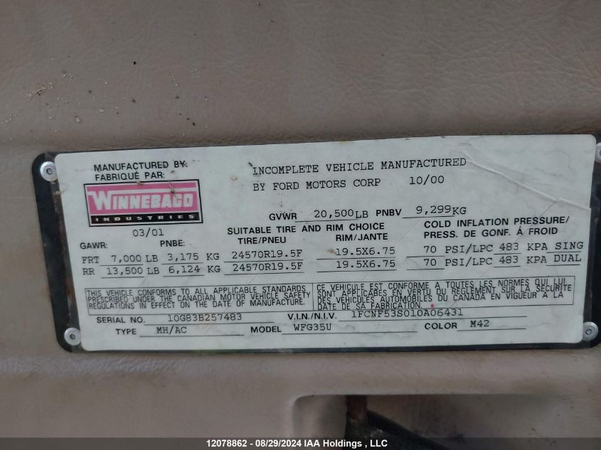 2001 Ford F550 Super Duty Stripped Chass VIN: 1FCNF53S010A06431 Lot: 12078862