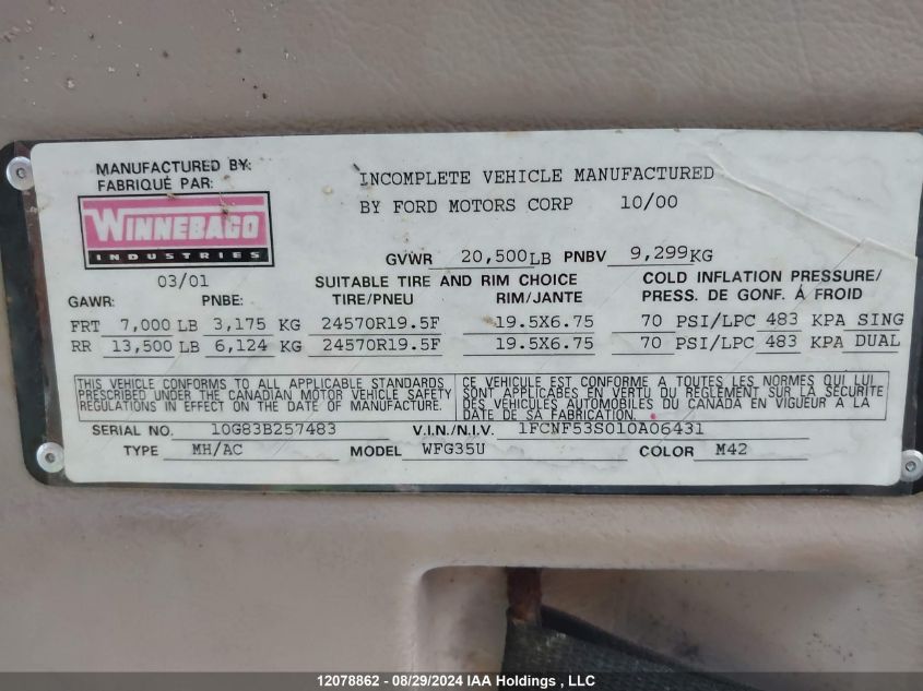 2001 Ford F550 Super Duty Stripped Chass VIN: 1FCNF53S010A06431 Lot: 12078862