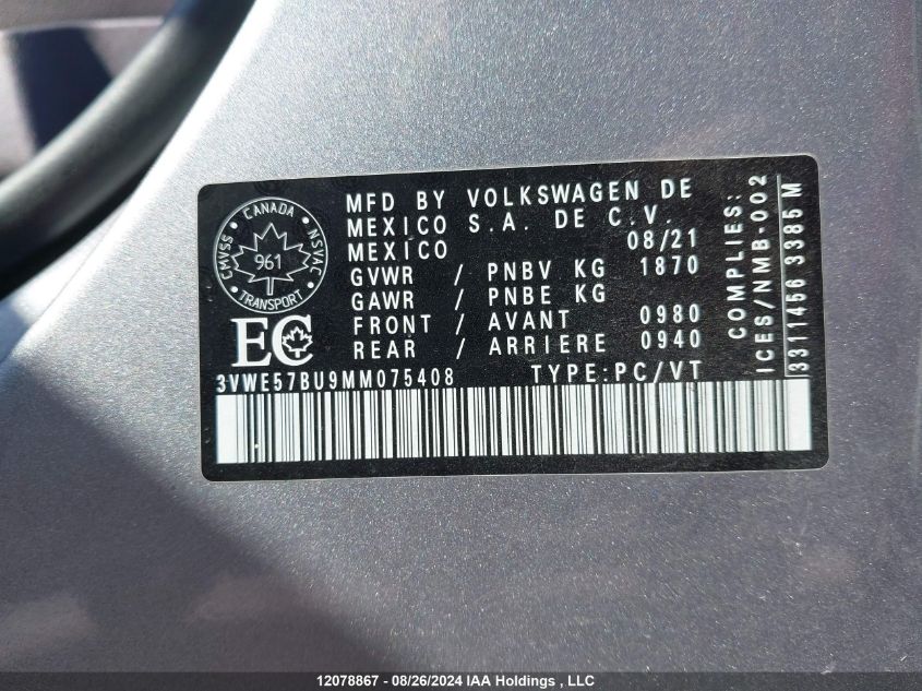 2021 Volkswagen Jetta VIN: 3VWE57BU9MM075408 Lot: 12078867