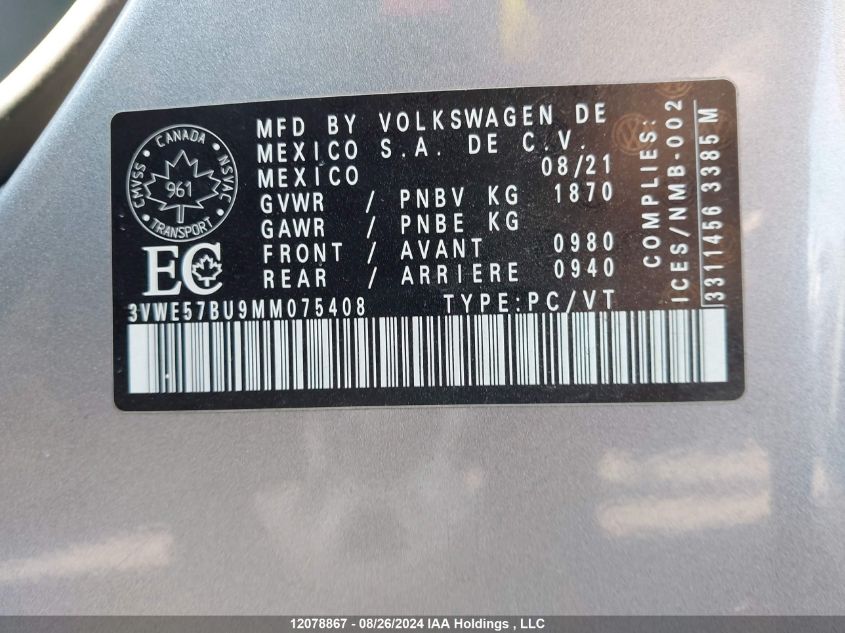 2021 Volkswagen Jetta VIN: 3VWE57BU9MM075408 Lot: 12078867