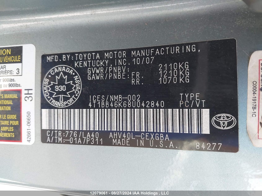 2008 Toyota Camry Hybrid VIN: 4T1BB46K68U042840 Lot: 12079061