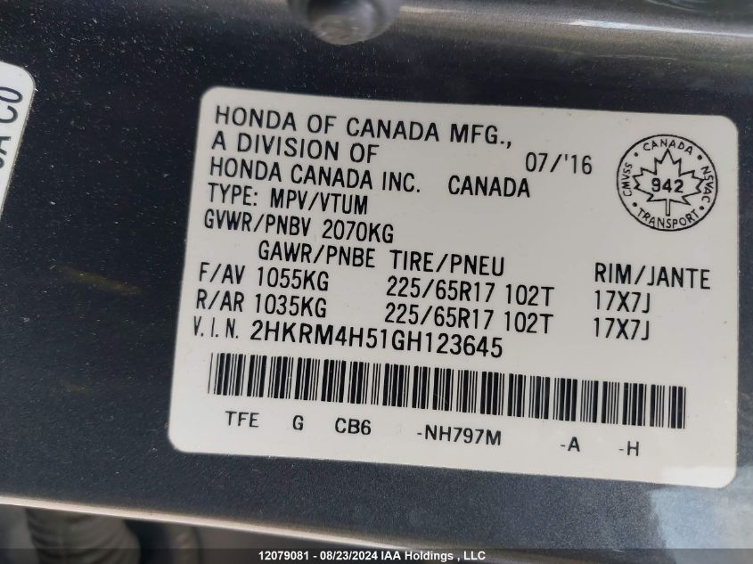 2HKRM4H51GH123645 2016 Honda Cr-V Ex