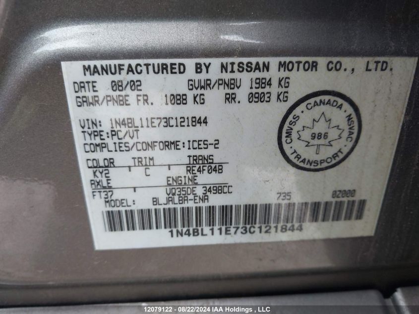 2003 Nissan Altima Se VIN: 1N4BL11E73C121844 Lot: 12079122