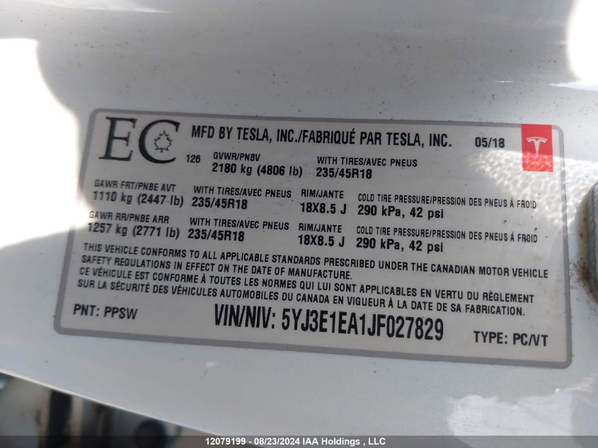 5YJ3E1EA1JF027829 2018 Tesla Model 3