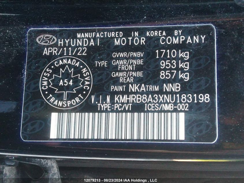 2022 Hyundai Venue VIN: KMHRB8A3XNU183198 Lot: 12079213