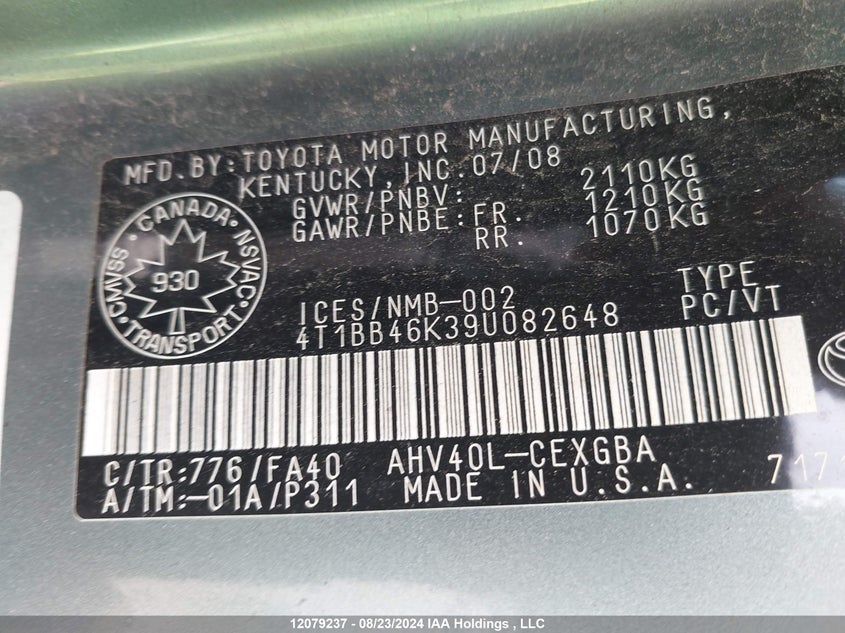 2009 Toyota Camry Hybrid VIN: 4T1BB46K39U082648 Lot: 12079237