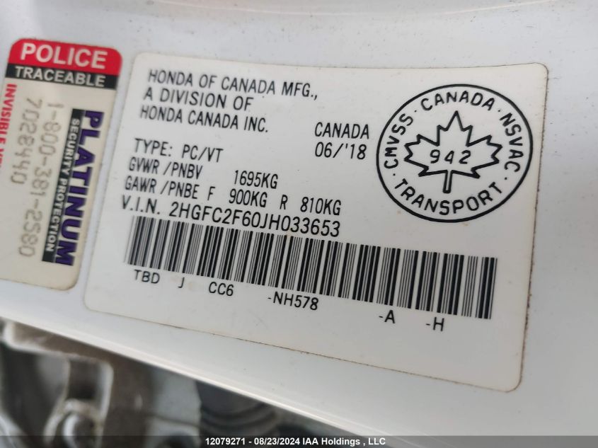 2018 Honda Civic Lx VIN: 2HGFC2F60JH033653 Lot: 12079271