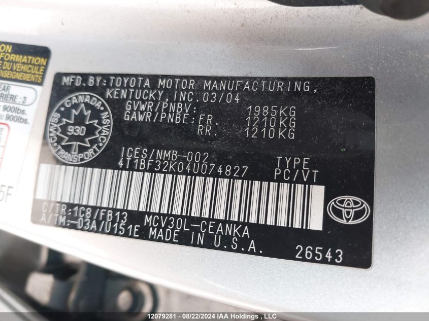 4T1BF32K04U074827 2004 Toyota Camry Le/Xle/Se