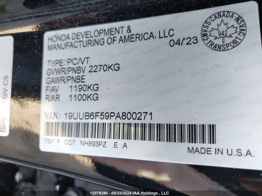 2023 Acura Tlx VIN: 19UUB6F59PA800271 Lot: 12079290