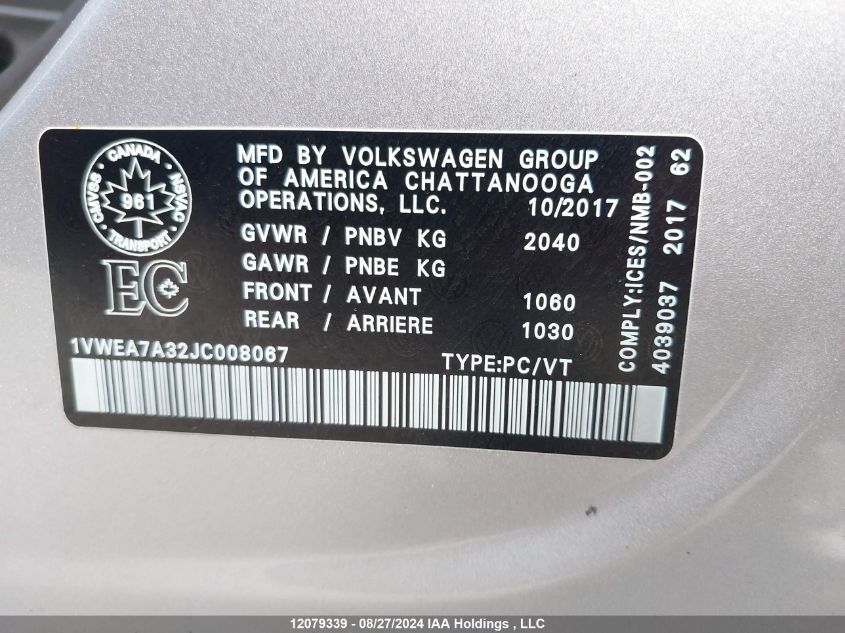 2018 Volkswagen Passat VIN: 1VWEA7A32JC008067 Lot: 12079339