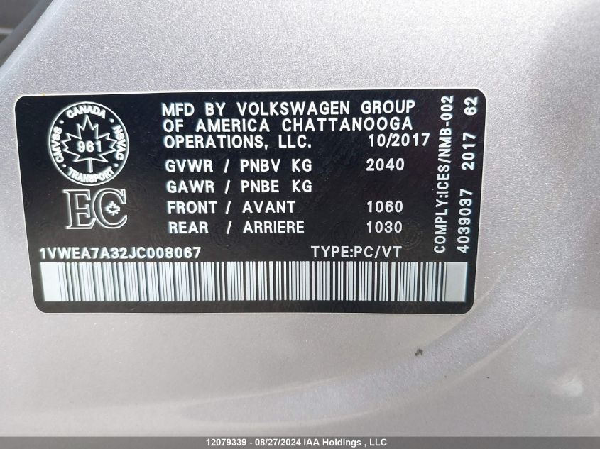 2018 Volkswagen Passat VIN: 1VWEA7A32JC008067 Lot: 12079339