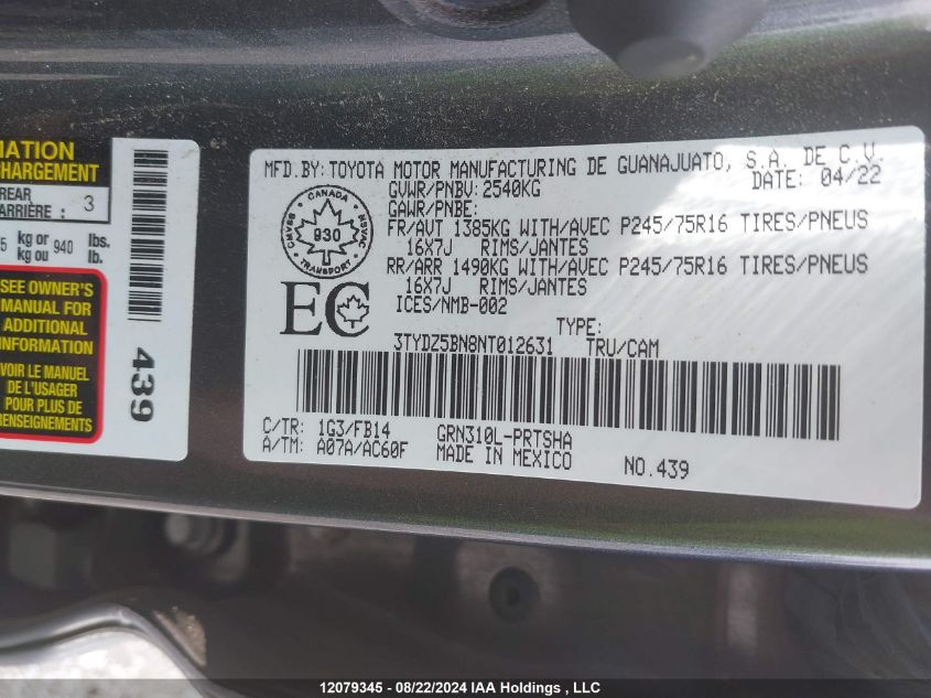 2022 Toyota Tacoma VIN: 3TYDZ5BN8NT012631 Lot: 12079345