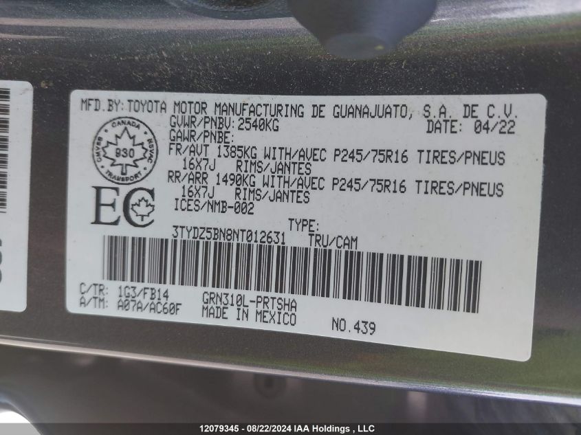 2022 Toyota Tacoma VIN: 3TYDZ5BN8NT012631 Lot: 12079345