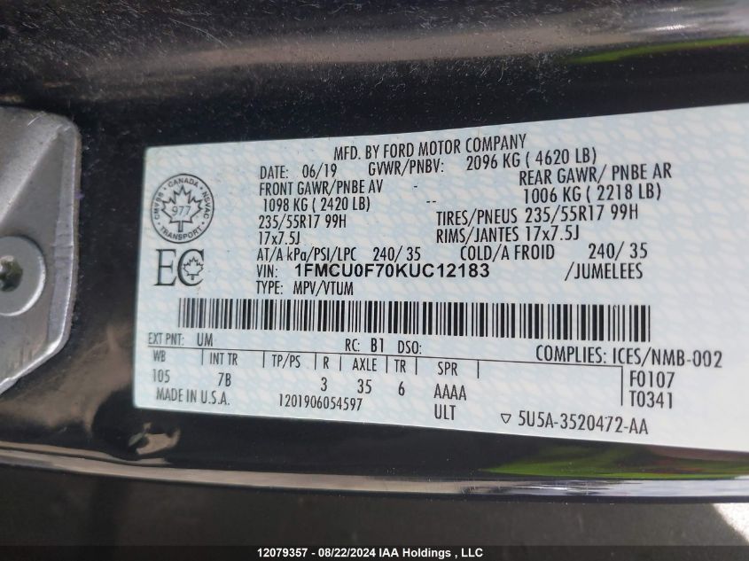 1FMCU0F70KUC12183 2019 Ford Escape S