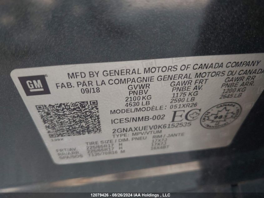 2019 Chevrolet Equinox VIN: 2GNAXUEV0K6152535 Lot: 12079426