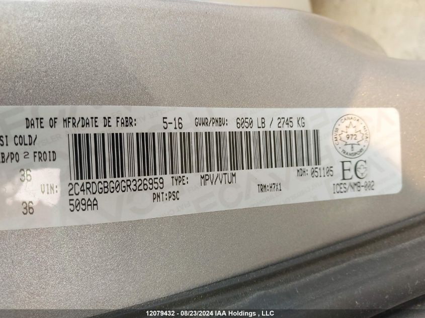 2016 Dodge Grand Caravan Se VIN: 2C4RDGBG0GR326959 Lot: 12079432