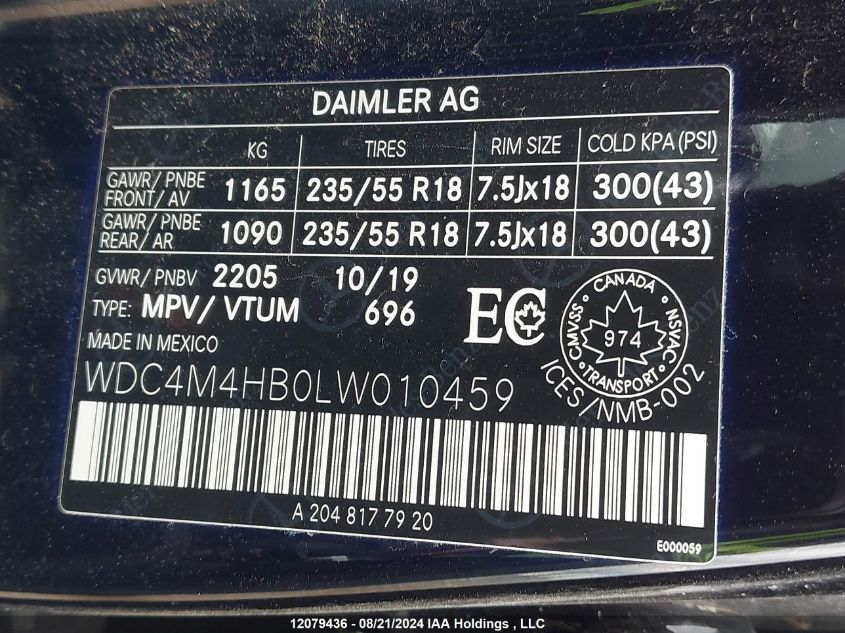 2020 Mercedes-Benz Glb 250 4Matic VIN: WDC4M4HB0LW010459 Lot: 12079436