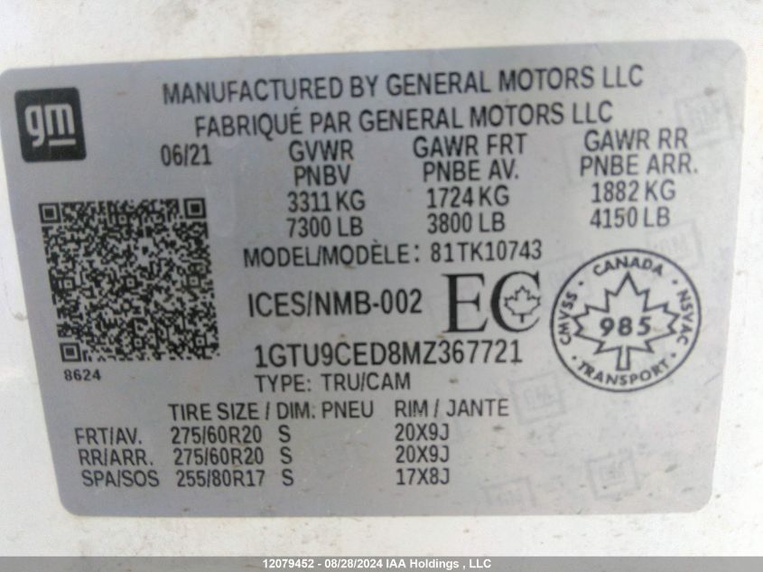 1GTU9CED8MZ367721 2021 GMC Sierra K1500 Elevation