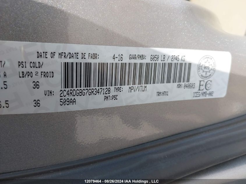 2016 Dodge Caravan VIN: 2C4RDGBG7GR347128 Lot: 12079464