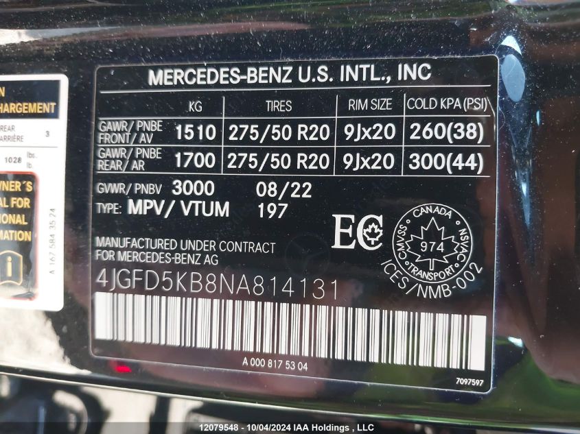 2022 Mercedes-Benz Gle VIN: 4JGFD5KB8NA814131 Lot: 12079548