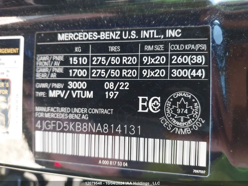 2022 Mercedes-Benz Gle VIN: 4JGFD5KB8NA814131 Lot: 12079548