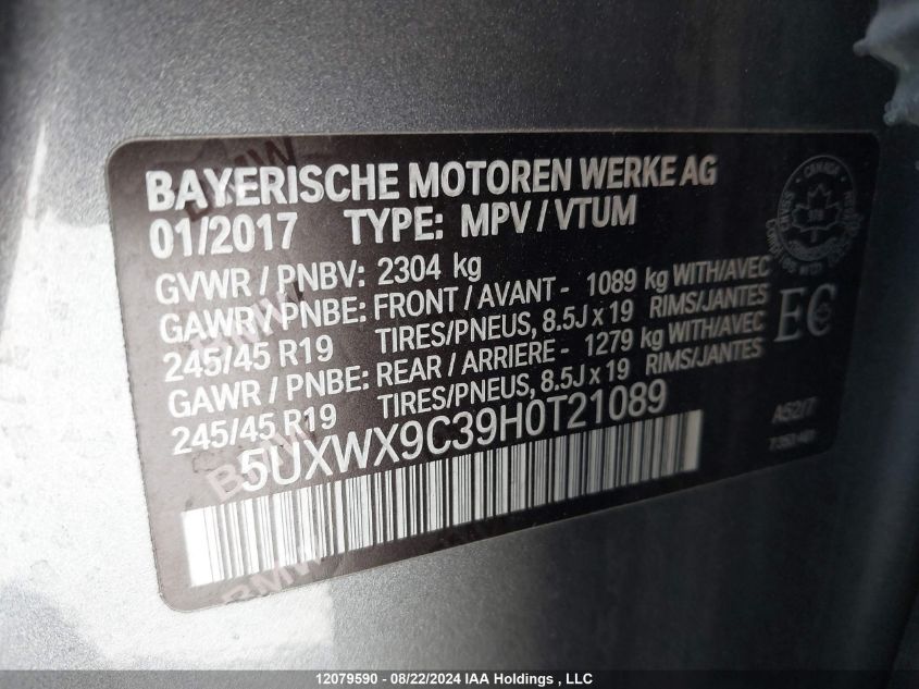 2017 BMW X3 VIN: 5UXWX9C39H0T21089 Lot: 12079590