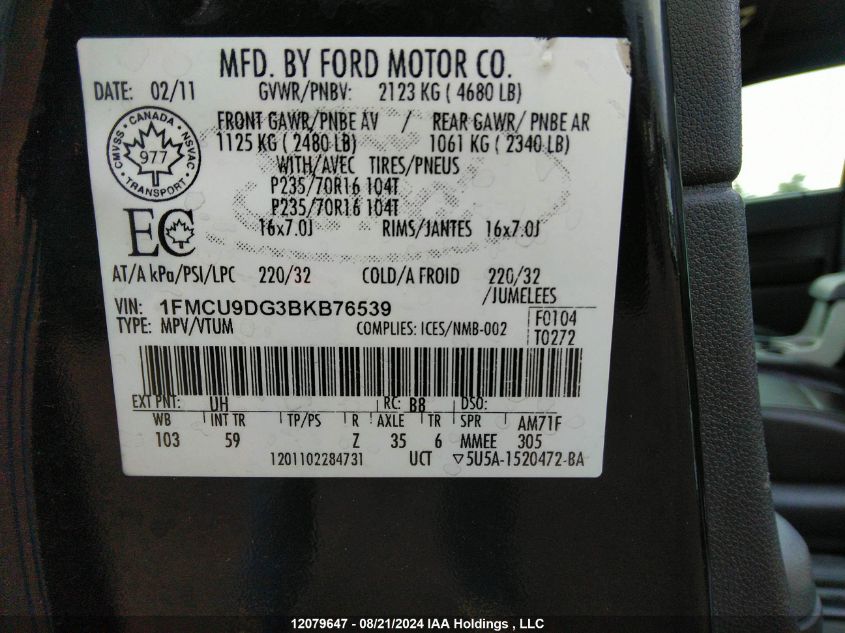 1FMCU9DG3BKB76539 2011 Ford Escape Xlt Automatic