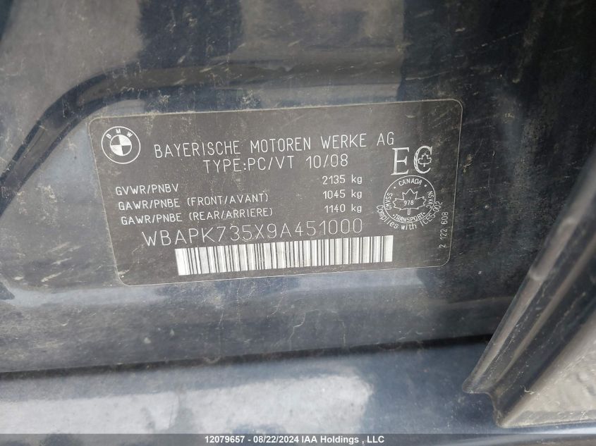 2009 BMW 3 Series VIN: WBAPK735X9A451000 Lot: 12079657