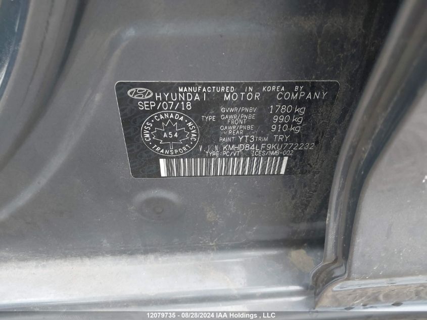 2019 Hyundai Elantra Sel/Value/Limited VIN: KMHD84LF9KU772232 Lot: 12079735