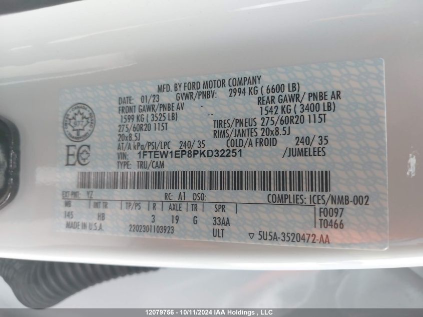 2023 Ford F150 Supercrew VIN: 1FTEW1EP8PKD32251 Lot: 12079756