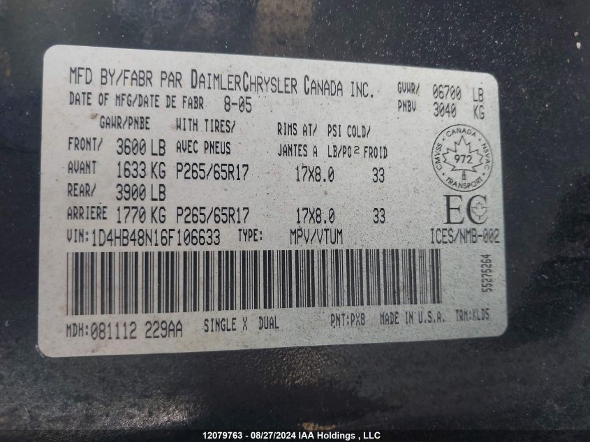 2006 Dodge Durango Slt VIN: 1D4HB48N16F106633 Lot: 12079763