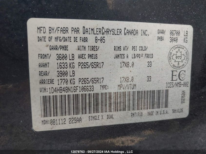 2006 Dodge Durango Slt VIN: 1D4HB48N16F106633 Lot: 12079763