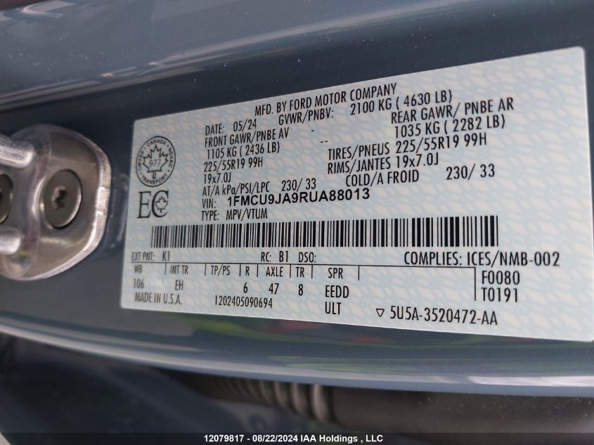 2024 Ford Escape Platinum VIN: 1FMCU9JA9RUA88013 Lot: 12079817