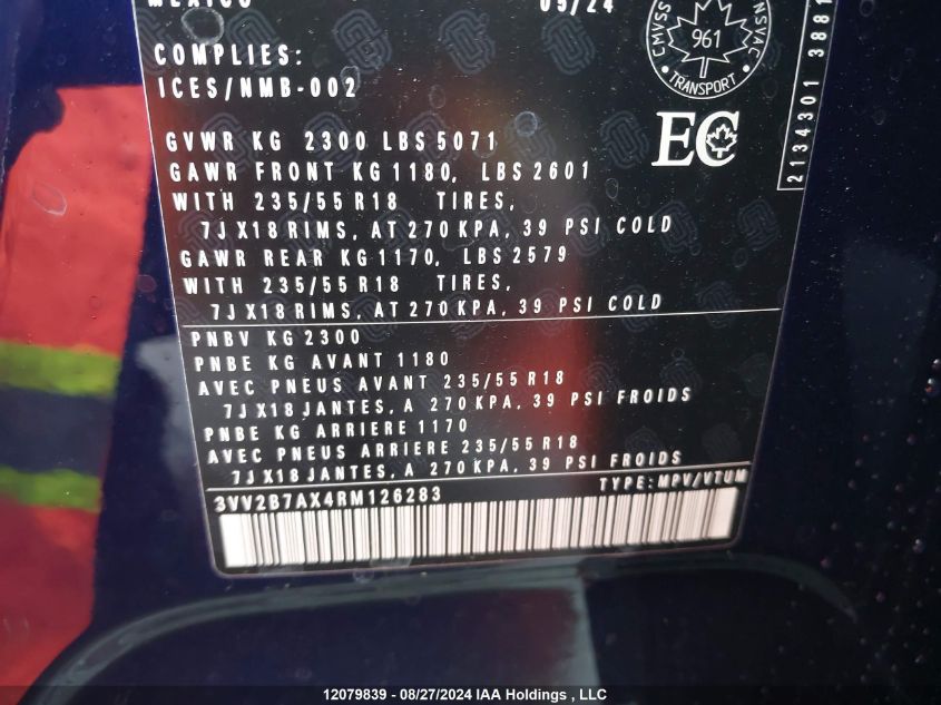 2024 Volkswagen Tiguan VIN: 3VV2B7AX4RM126283 Lot: 12079839