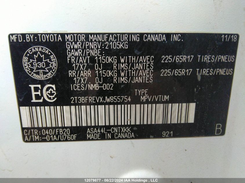 2T3BFREVXJW855754 2018 Toyota Rav4 Le