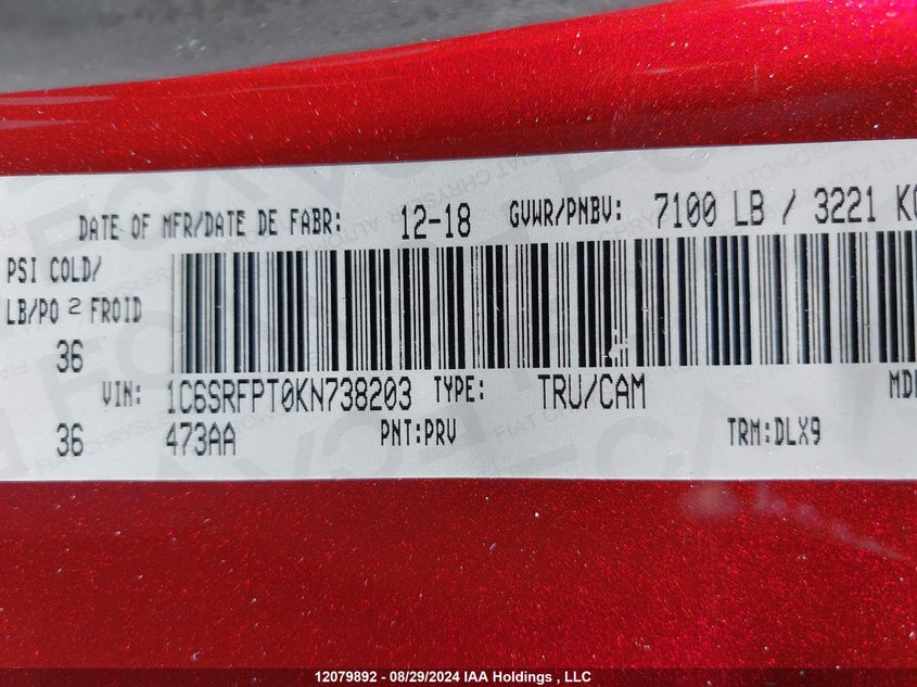 2019 Ram 1500 Limited VIN: 1C6SRFPT0KN738203 Lot: 12079892