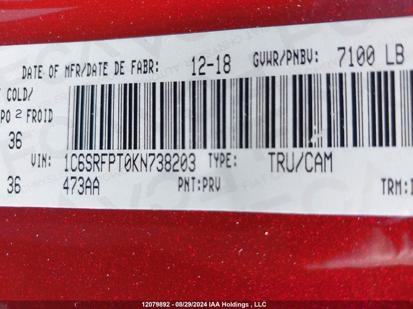 2019 Ram 1500 Limited VIN: 1C6SRFPT0KN738203 Lot: 12079892