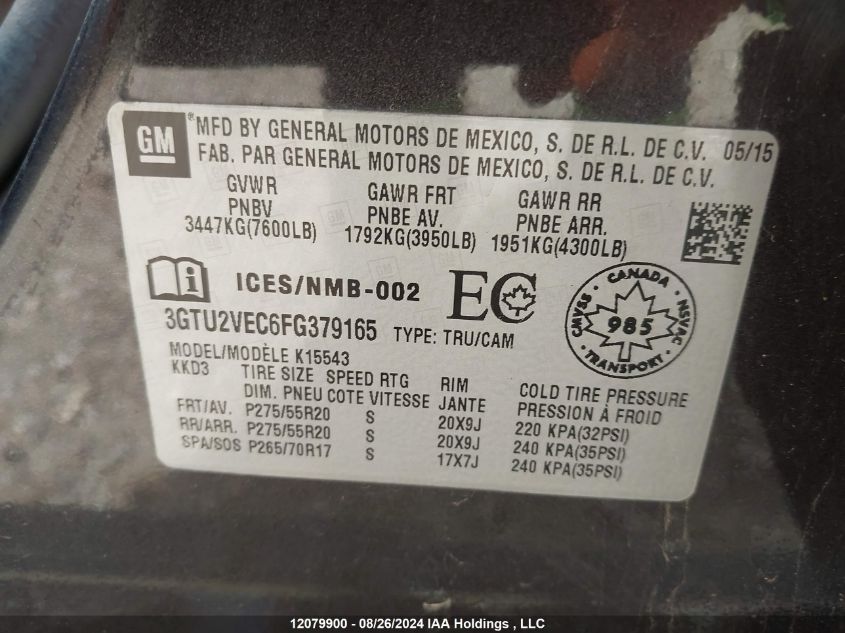 2015 GMC Sierra 1500 VIN: 3GTU2VEC6FG379165 Lot: 12079900