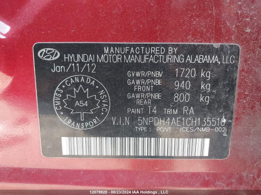 2012 Hyundai Elantra Gls/Limited VIN: 5NPDH4AE1CH135510 Lot: 12079920