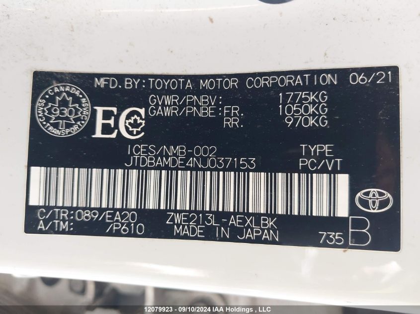 2022 Toyota Corolla VIN: JTDBAMDE4NJ037153 Lot: 12079923