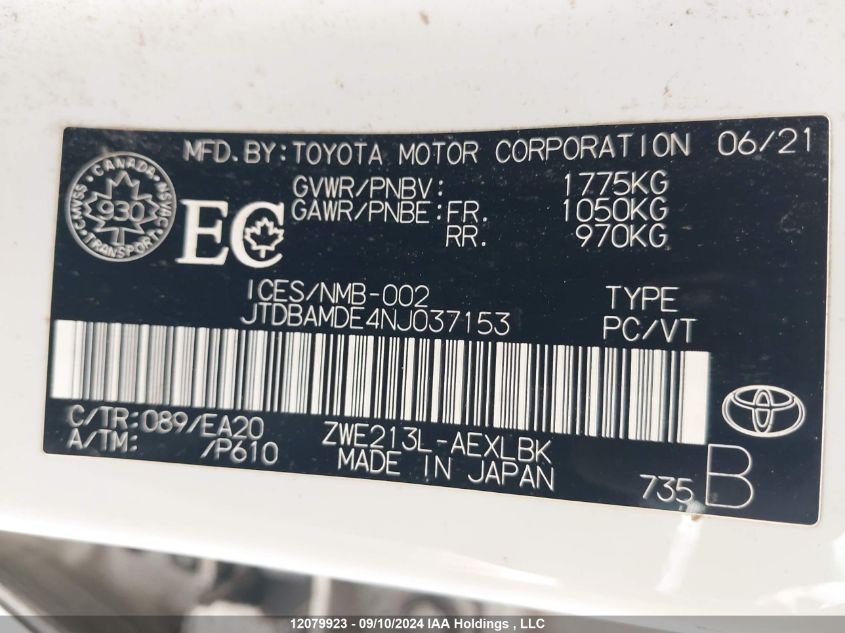 2022 Toyota Corolla VIN: JTDBAMDE4NJ037153 Lot: 12079923